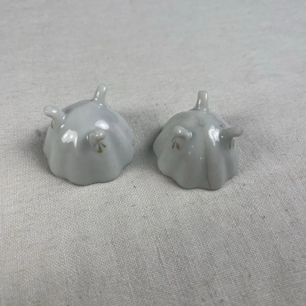 PAIR HAND PAINTED  SALT CELLAR DIPS-LAVENDER FLOWERS - GREEN-GOLD TRIM - FOOTED